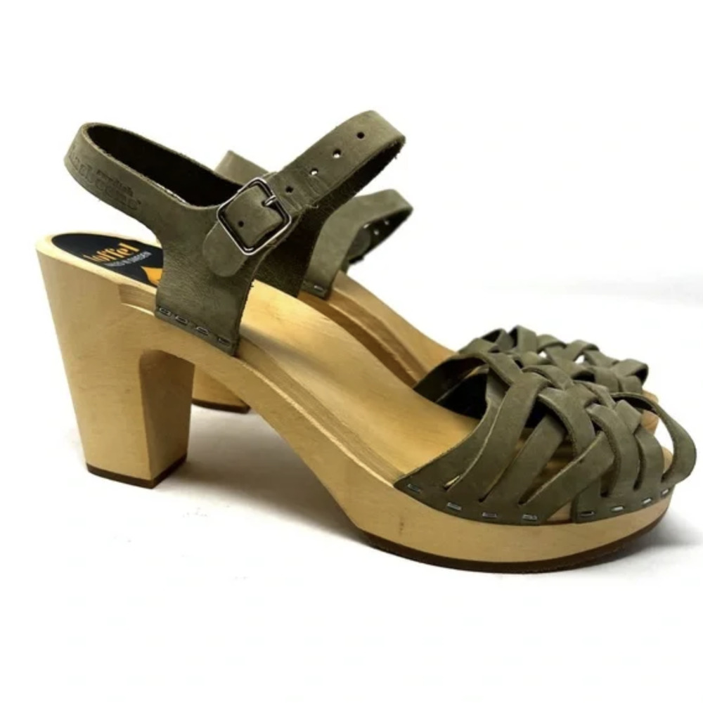 SWEDISH HASBEENS - Suede Slingback Sandals - Olive - Size 37 (7)